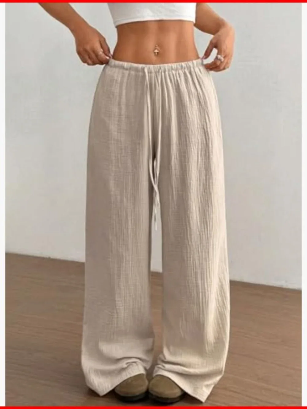 Wide Leg Palazzo Pants with Drawstring Waist and Pockets - Picture 2 of 4